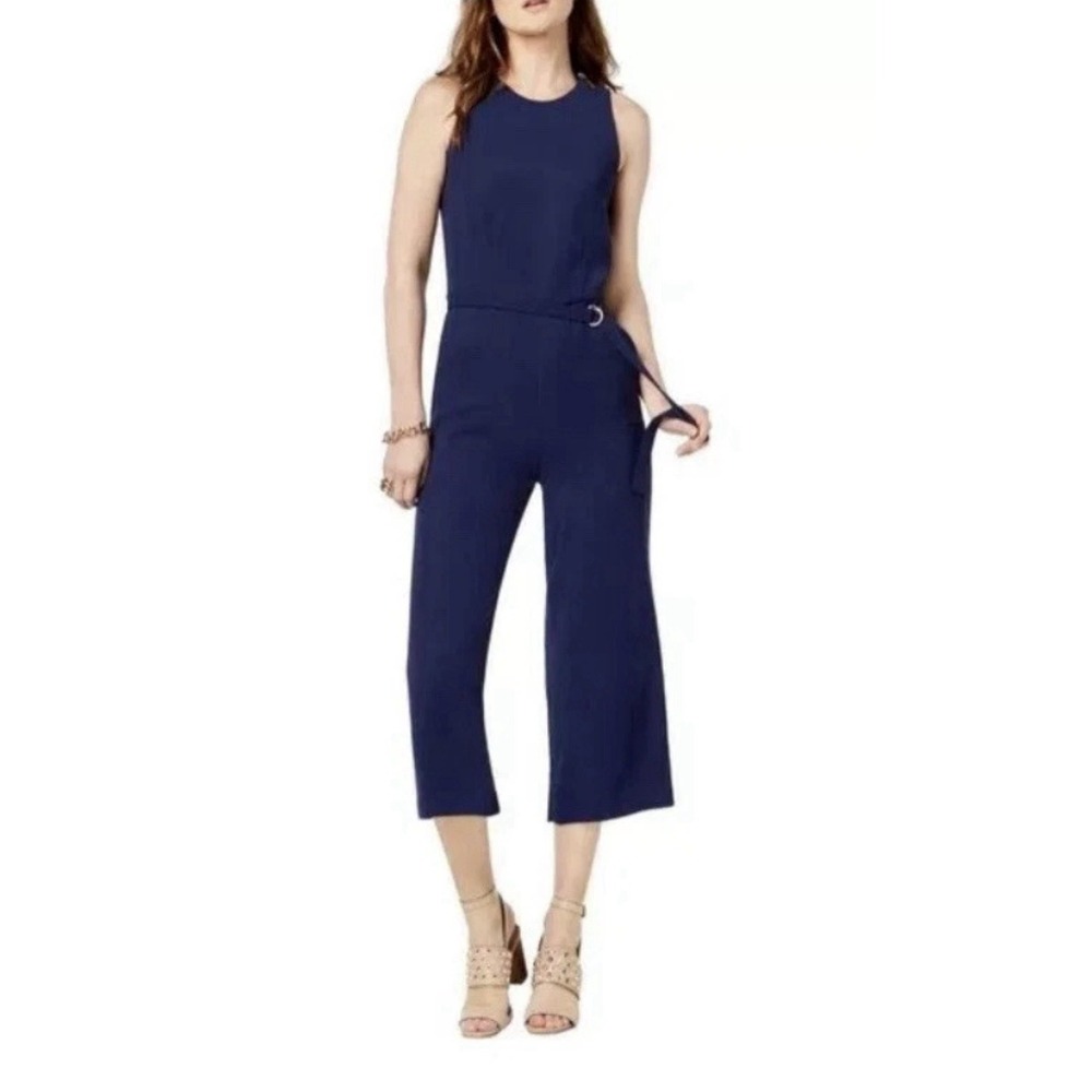 NWT $155 Michael Kors Cady Navy Blue Belted Wide Leg Sleeveless Jumpsuit Size 0